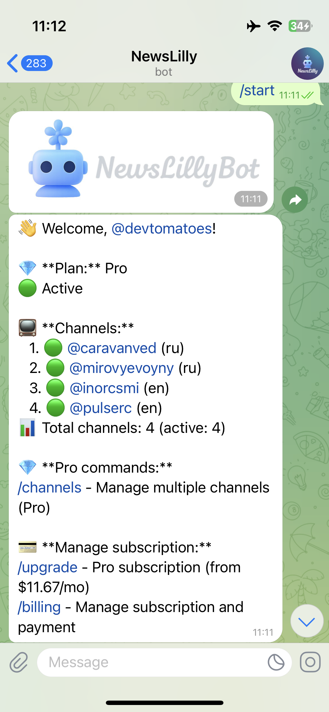 NewsLilly Bot - Welcome Screen